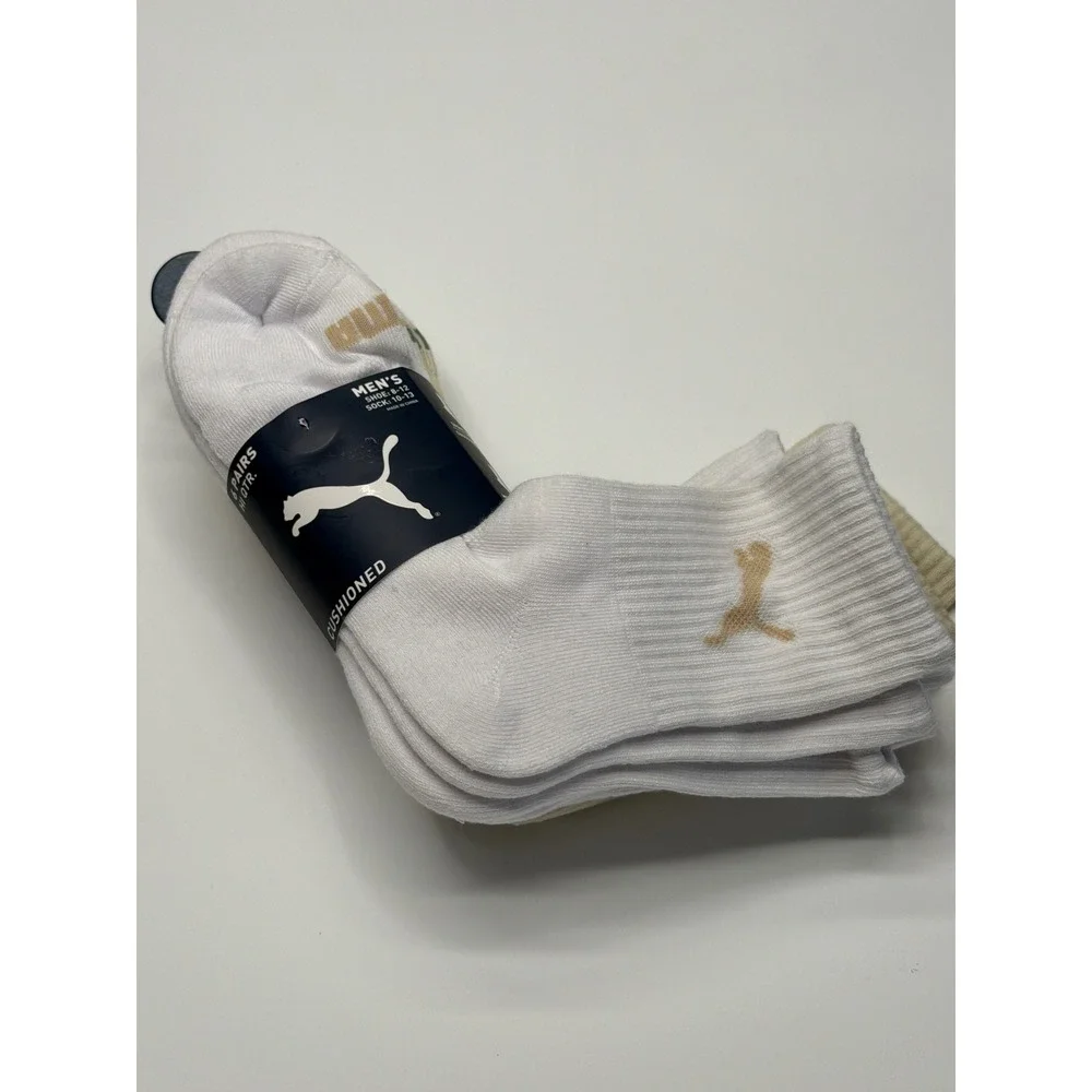 Puma Men's 6‎ Pair Cushioned Hi Quarter Socks White Beige Size 10-13